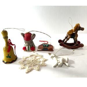 Christmas Ornament Lot of 6 – Wood, Ceramic & Crochet Holiday Mix